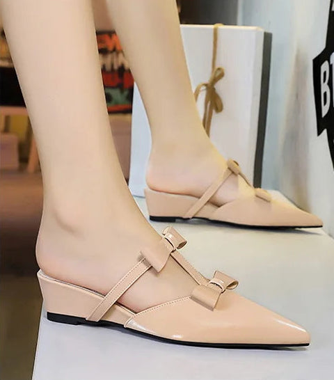 French Wedge Heel Pointed Head Sandals Versatile Bow Medium Heel Half Slippers Women