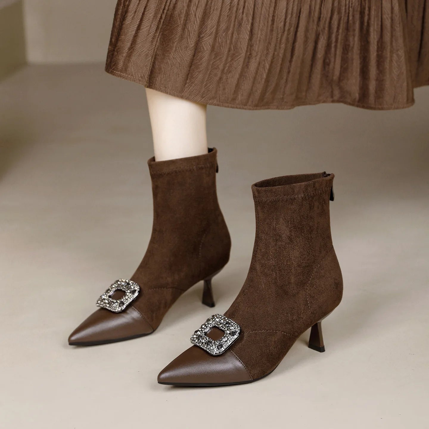 Fashionable Slim Fit Diamond Decorated Pointed Toe High Heel Bootie Mid-Calf Zipper Closure Leather Boot for Women