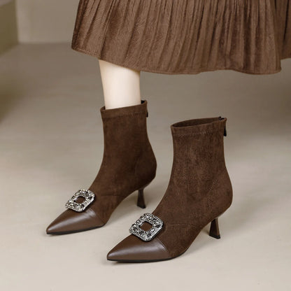 Fashionable Slim Fit Diamond Decorated Pointed Toe High Heel Bootie Mid-Calf Zipper Closure Leather Boot for Women