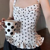 Polka Dot Print Tops Women Halter Low-Neck Bandage Ruffles Backless Sleeveless Skinny Fashion Street Versatile Vest