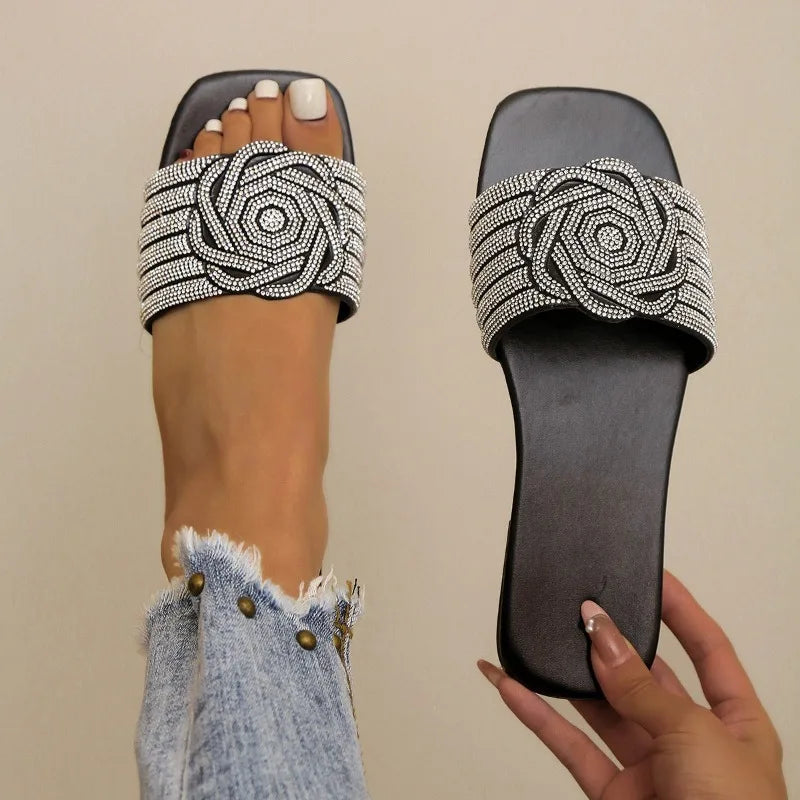 Women's Slippers Summer New Fashion Open Toed  Roman Shoes for Women Rhinestones Sexy Flat Flip Flops Female slippper