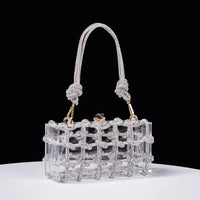 Diamond Clear Acrylic Box Evening Clutch Bags for Women, Boutique Woven Knotted Rope, Rhinestone Purse, Wedding Party Handbag