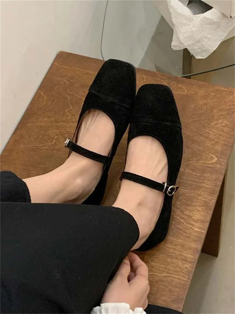 Streetwear Velvet Mary Jane Shoes for Women Casual Ballet Flats Pumps Female Ladies Loafers Buckle Single Mules