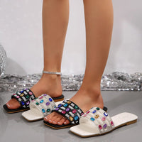 Colorful Diamond Flat Sandals Women's Summer Fashion Square Head Slip-On Shoes Breathable Lightweight PU Leather