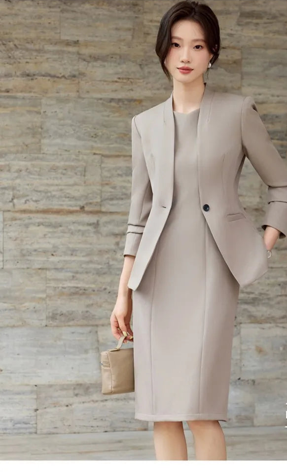 Elegant Professional Suit Dress Two-Piece Set Workwear Beauty Salon Uniform Long Sleeve Formal Outfit Polyester Fiber