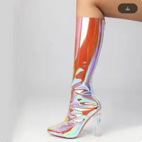 Women Knee High Boots, Transparent PVC Long, Sexy Pole Dance Shoes, Pointed Toe, Colorful