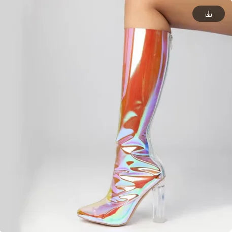 Women Knee High Boots, Transparent PVC Long, Sexy Pole Dance Shoes, Pointed Toe, Colorful