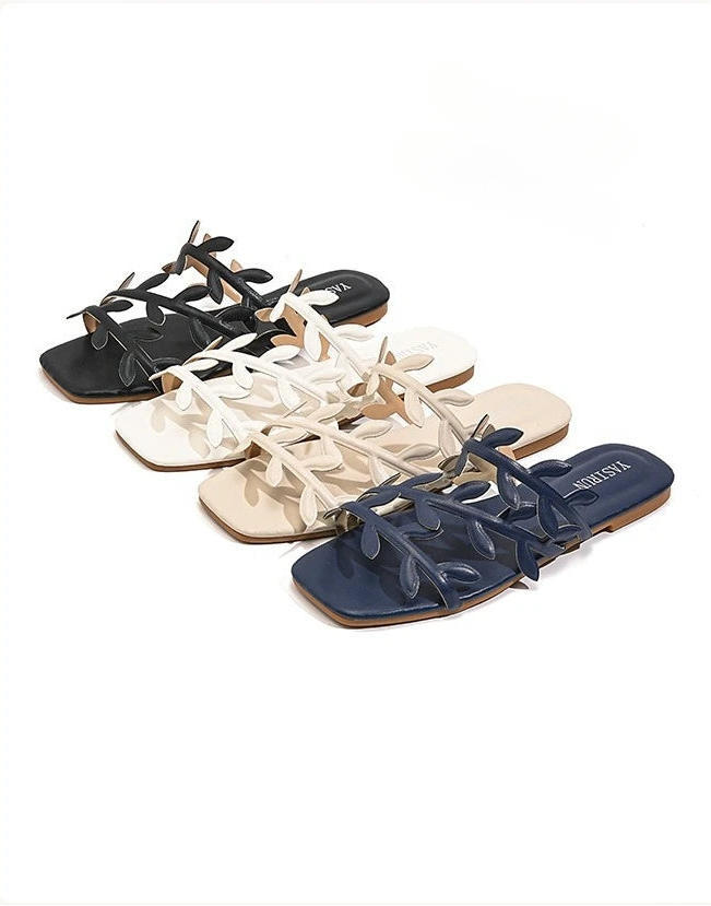 Leaf Pattern Women's Sandals Outdoor Wear New Style Beach Flat Bottom Slip-On Holiday Comfortable Breathable Flats