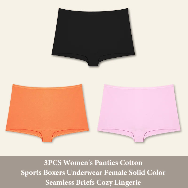3PCS Women's Panties Cotton Seamless Sports Boxers Underwear Female Solid Color Briefs Cozy Lingerie Intimate Underpants