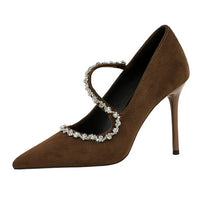 Banquet Pointed Toe High Heels Diamond Chain One-Strip Thin Heel Super High Heels Light Mouth Elegant Lace-Up