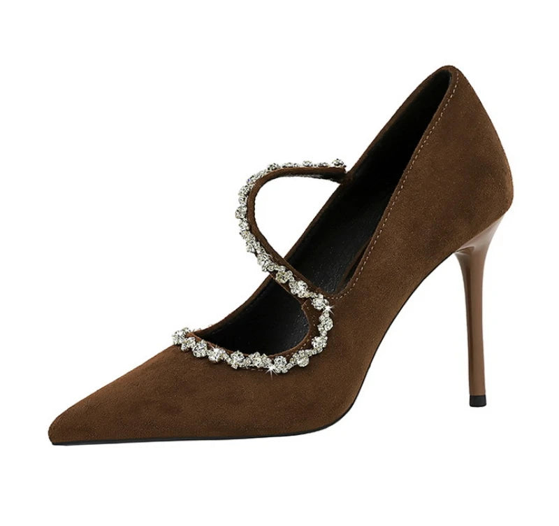 Banquet Pointed Toe High Heels Diamond Chain One-Strip Thin Heel Super High Heels Light Mouth Elegant Lace-Up