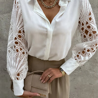 women's solid color lace stitching shirt with Bubble Sleeves embroidery cut out shirt for women