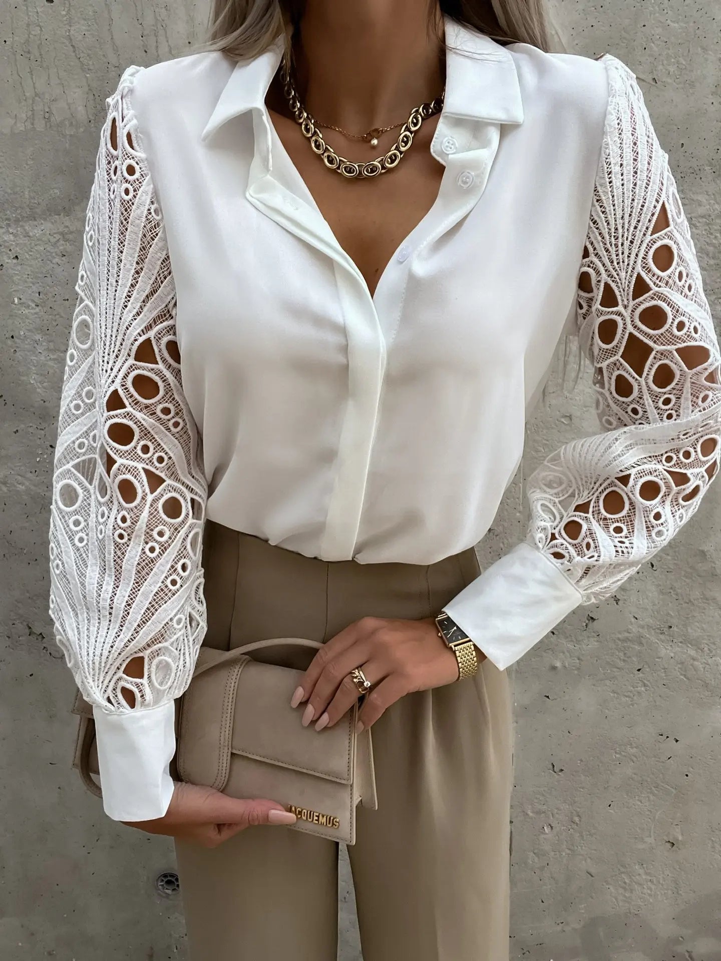 women's solid color lace stitching shirt with Bubble Sleeves embroidery cut out shirt for women