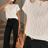 Women's Casual Round Neck Jacquard Short Sleeve Top T-shirt Leisure Commute Women Clothing
