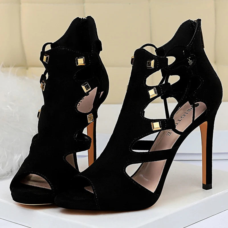 Roman style women's super high heel platform suede sexy nightclub slim rivet hollow sandals