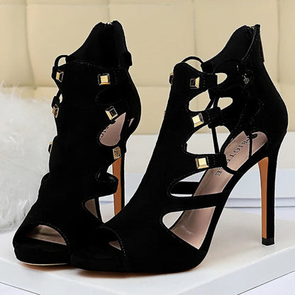 Roman style women's super high heel platform suede sexy nightclub slim rivet hollow sandals