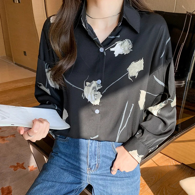 Women's Blouse Long Sleeve Rose Printed Fashionable Chiffon Shirt Long Sleeve Top