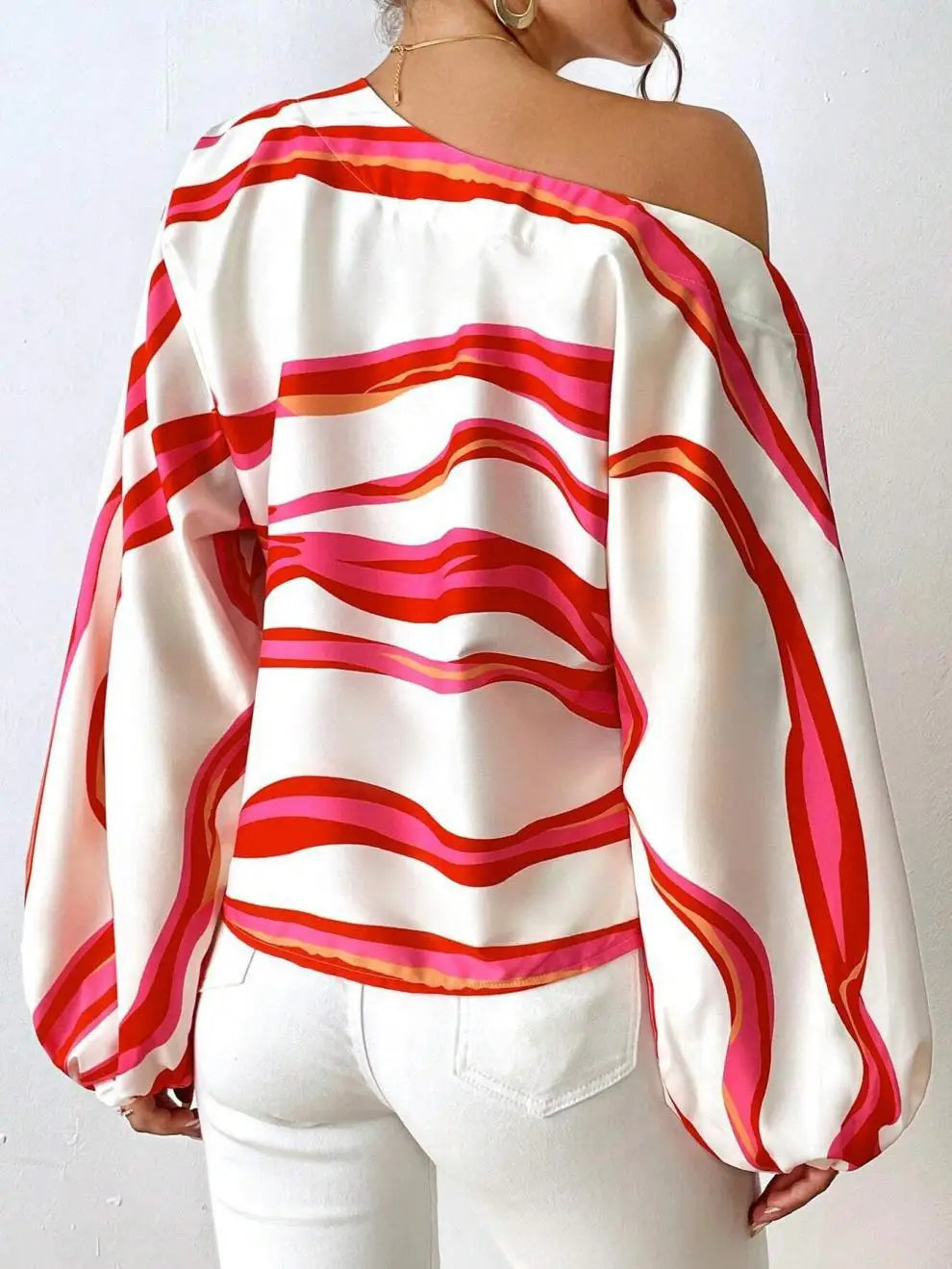 Elegant Printed Sleeve Shirt Independent Station Cross-Border Women's Long Sleeve One-Shoulder Loose Top Commute Style