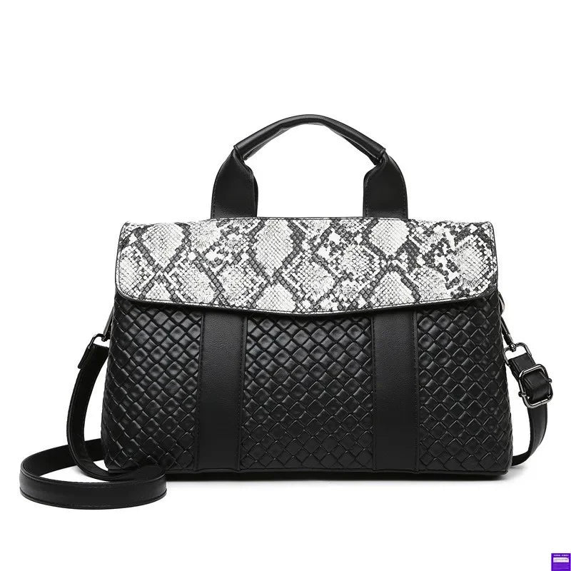 Large Capacity Ladies Handbag Fashion Woven Pattern Shoulder Bag Vintage Style Polyester Lining Soft PU Leather Material Commuter Bag