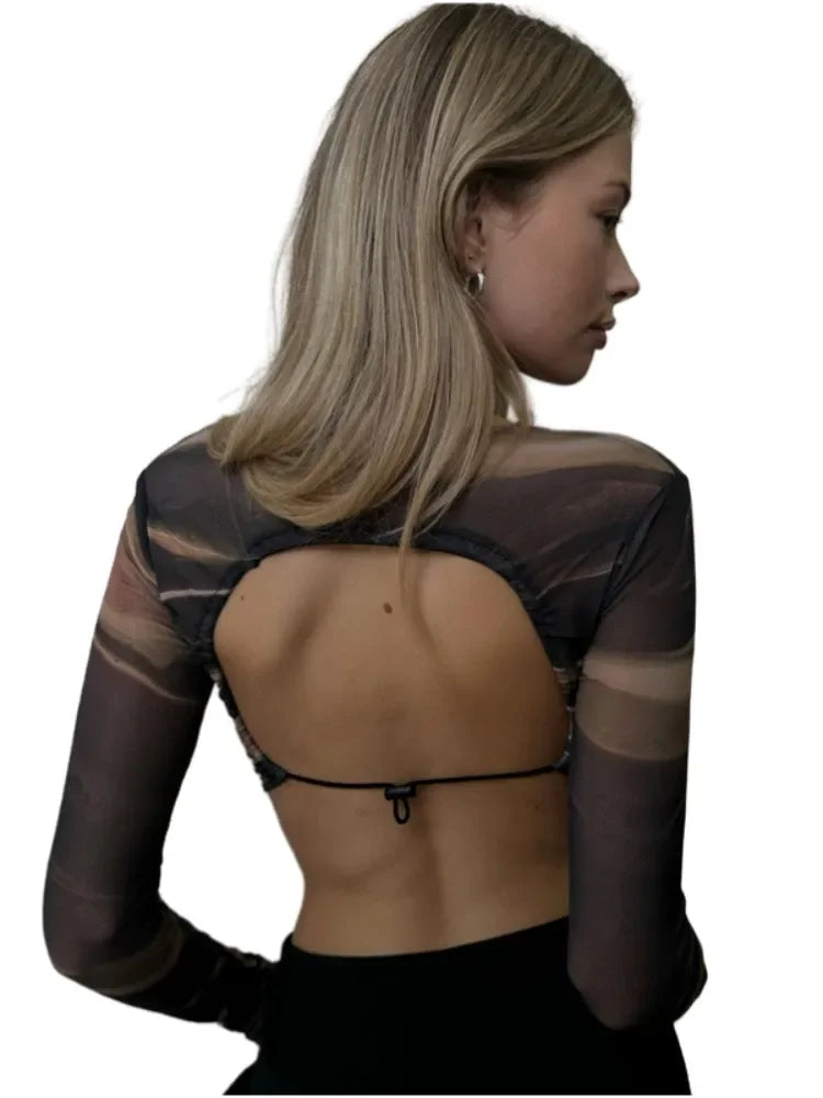 Printing Tshirt Long Sleeve Crop Top Women Summer Clothing Tie Back Y2k Accessories Backless Camisetas Slim Fit Ropa De Mujer Natalia Home Fashion    Natalia Home Fashion
