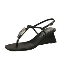 Wedge Heel with Herringbone Sandals Women's Rhinestone Thin Strap Toe Women's High Heels - Natalia Home Fashion