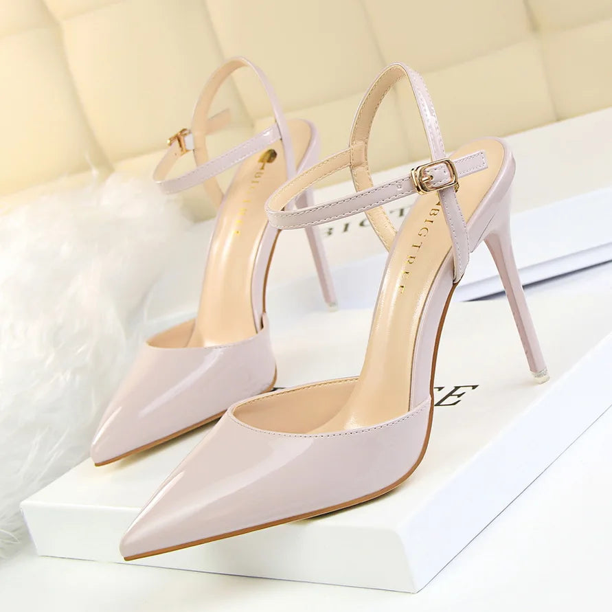 Women 10.5cm High Heels Sandals Lady Metallic Gray Patent Leather Stripper Ankle Strap Sandals Wedding Fetish Nightclub Shoes