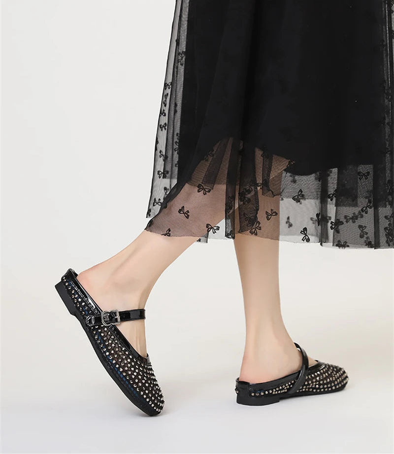 Luxury Shinny Diamond Women Mules Slippers Summer Shoes Crystal Footwear Rhinestones Slip On Brand Mary Jane Sandals Mesh Clogs