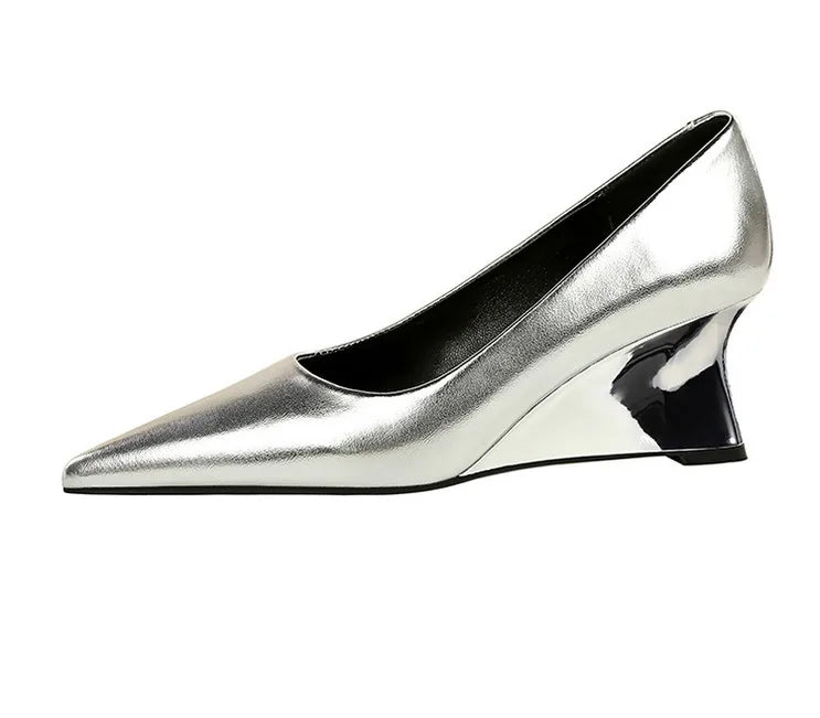Spring Fashion Pointed Toe Pumps Woman Metal Decoration Wedges Heels Elegant Ladies Shoes