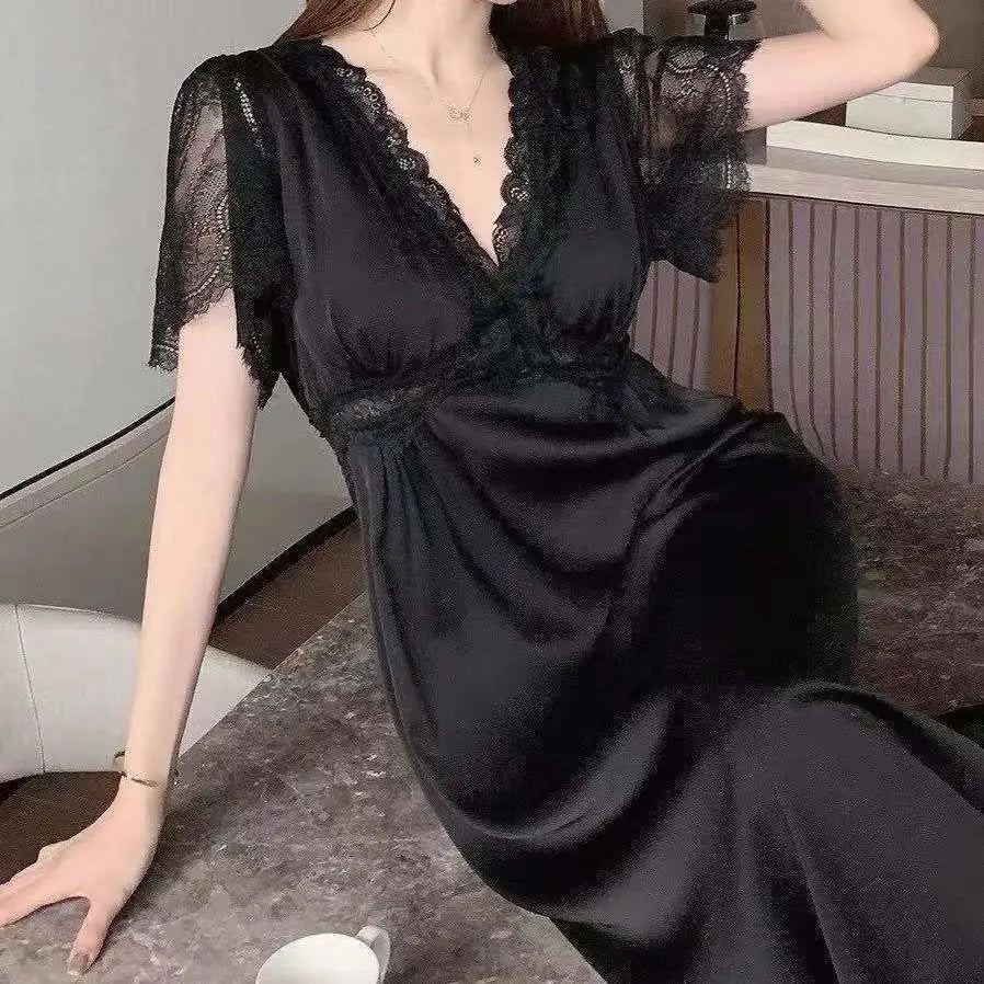 Satin Night Dress Women Sleepwear With Bras Long Lace Nightgown Short Sleeve Sleep dress Loose Intimate Lingerie Nightwear