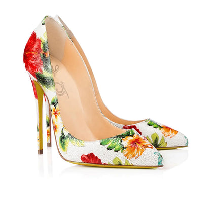 Hand Painted Colorful Floral Printed Women Party Wedding Leather Shoes 12cm Stiletto Sexy High Heels Pointed Toe Pumps