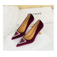 Designer Women Heels Prom Pumps Lady Velvet Pointed Toe 7cm Thin High Heels Pearl Crystal Buckle Shoes