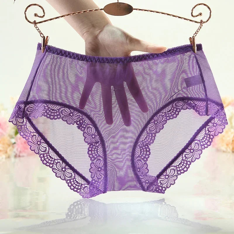 Sexy Women's Transparent Briefs Solid Color Ultra-Thin Mesh Seamless Lace Edge Underpants Underwear Panties Briefs Female