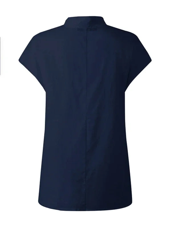 Women Cotton Linen Stand Collar Blouses Cap Sleeves Solid Color Loose Fit Casual Fashion Female Shirts Tops