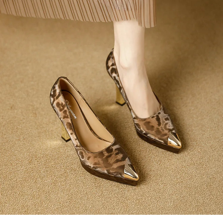 Fashion Women's Shoes Thin Block Heels 11cm Pointed Toe Shallow Mouth Ladies Pumps Party Shoes