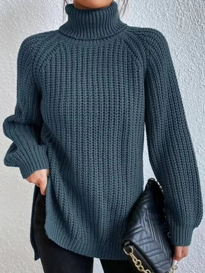 Turtlenecks Women Pullovers Mid-Long Casual Knit Sweater Fad Raglan Sleeves Side Slit Sweater New Skirt-style Jumper