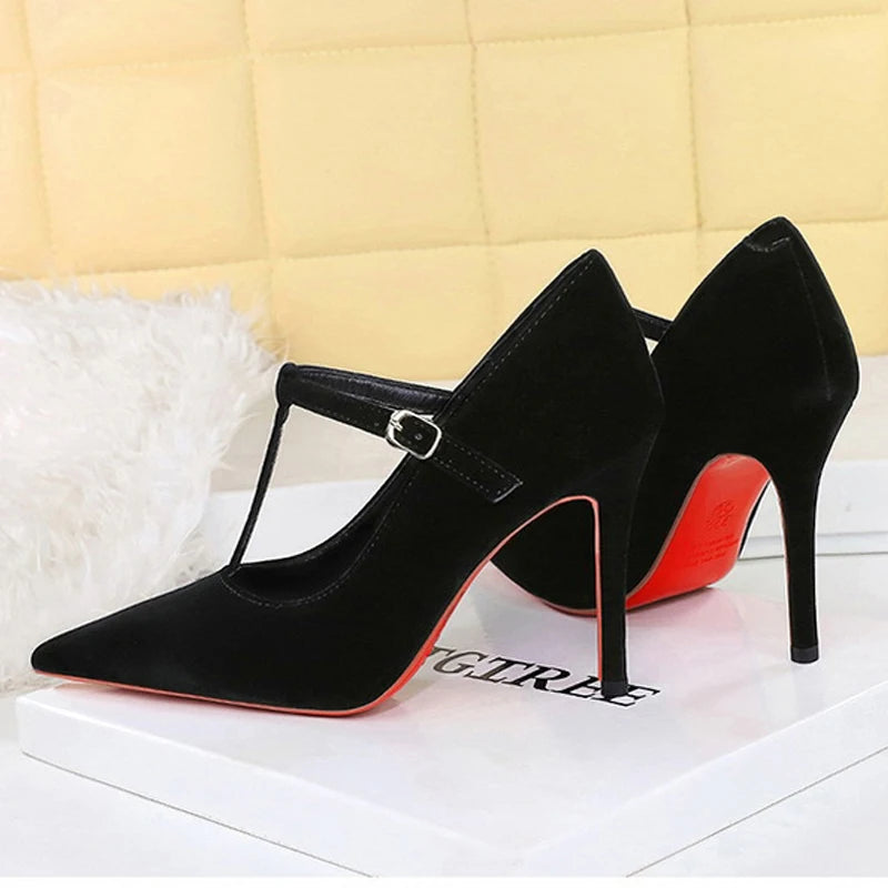 Red Bottoms Buckle Strap Shoes Fashion Pointed Toe Pumps Women Wedding Shoes