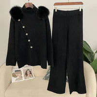 Casual Knitted Half-High Collar Sweater And Pants Set Real Fox Shoulder Patches Spring Autumn New Style Comfortable Lazy Style Natalia Home Fashion    Natalia Home Fashion