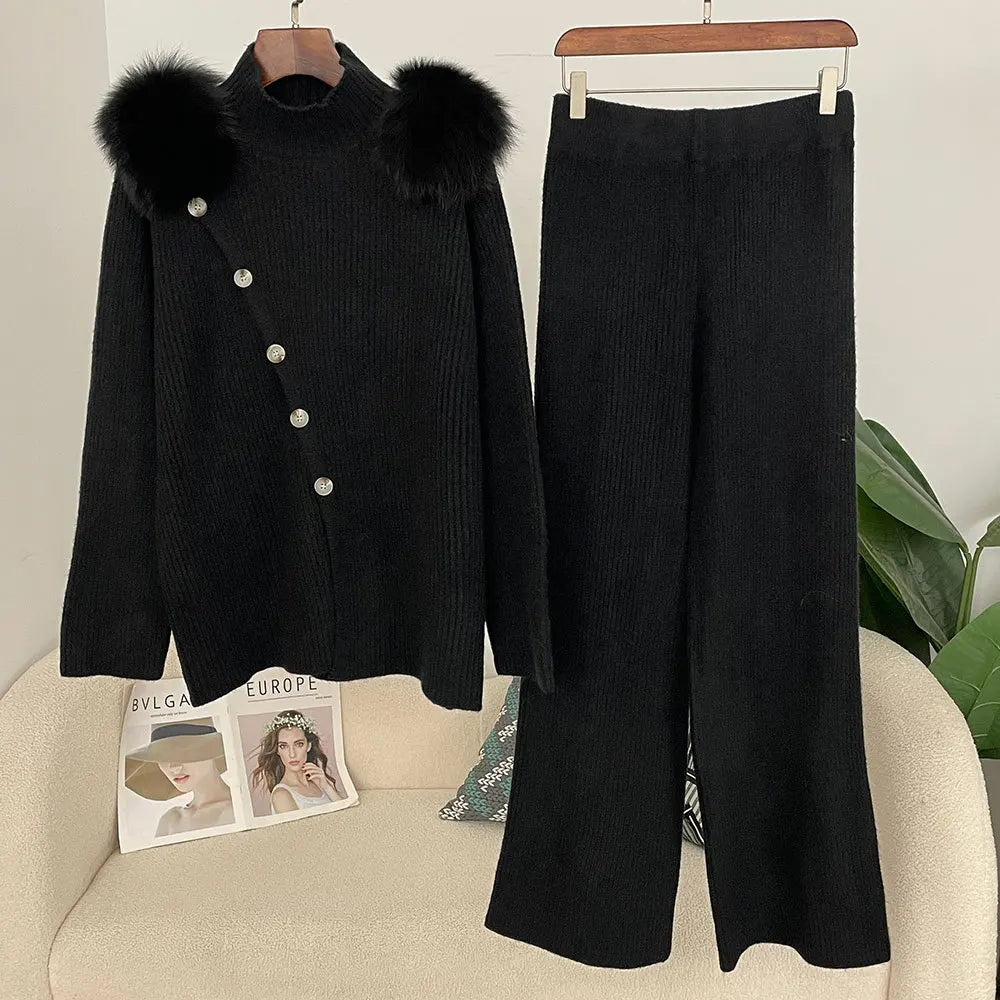Casual Knitted Half-High Collar Sweater And Pants Set Real Fox Shoulder Patches Spring Autumn New Style Comfortable Lazy Style Natalia Home Fashion    Natalia Home Fashion