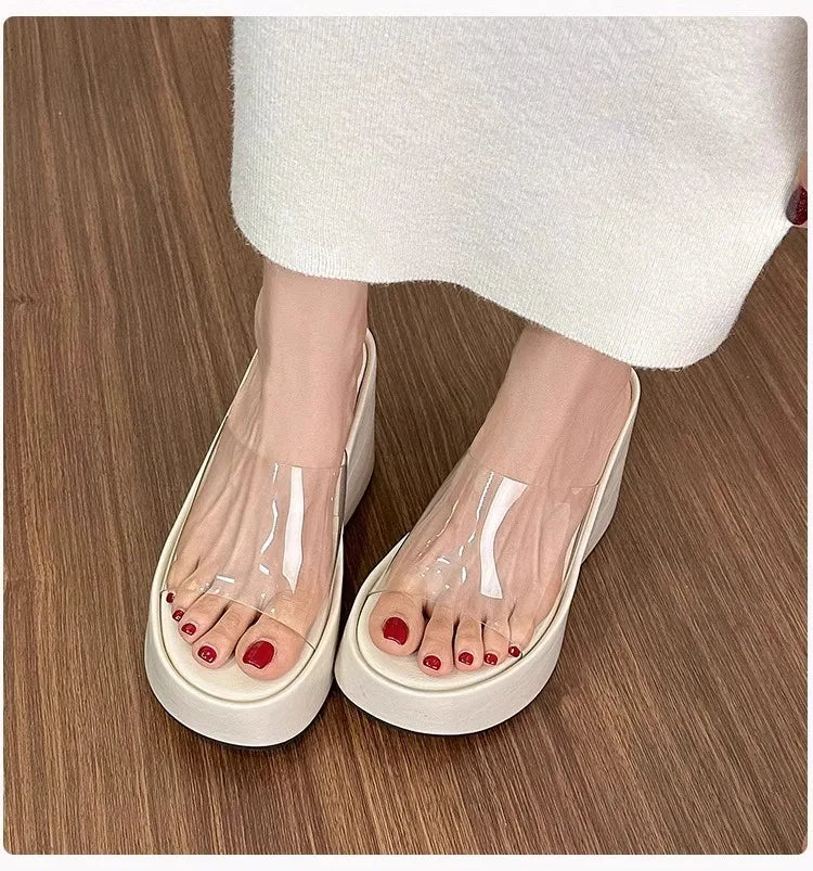 Thick Heel Platform Sandals Women's Summer Casual round Head PVC Material Beach Slippers Transparent Strap Casual Slip-On Shoes