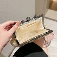 Pearl & Diamond Kiss Lock Clutch Bag Floral Handle Party Bag Metal Chain Cocktail Crossbody Bag