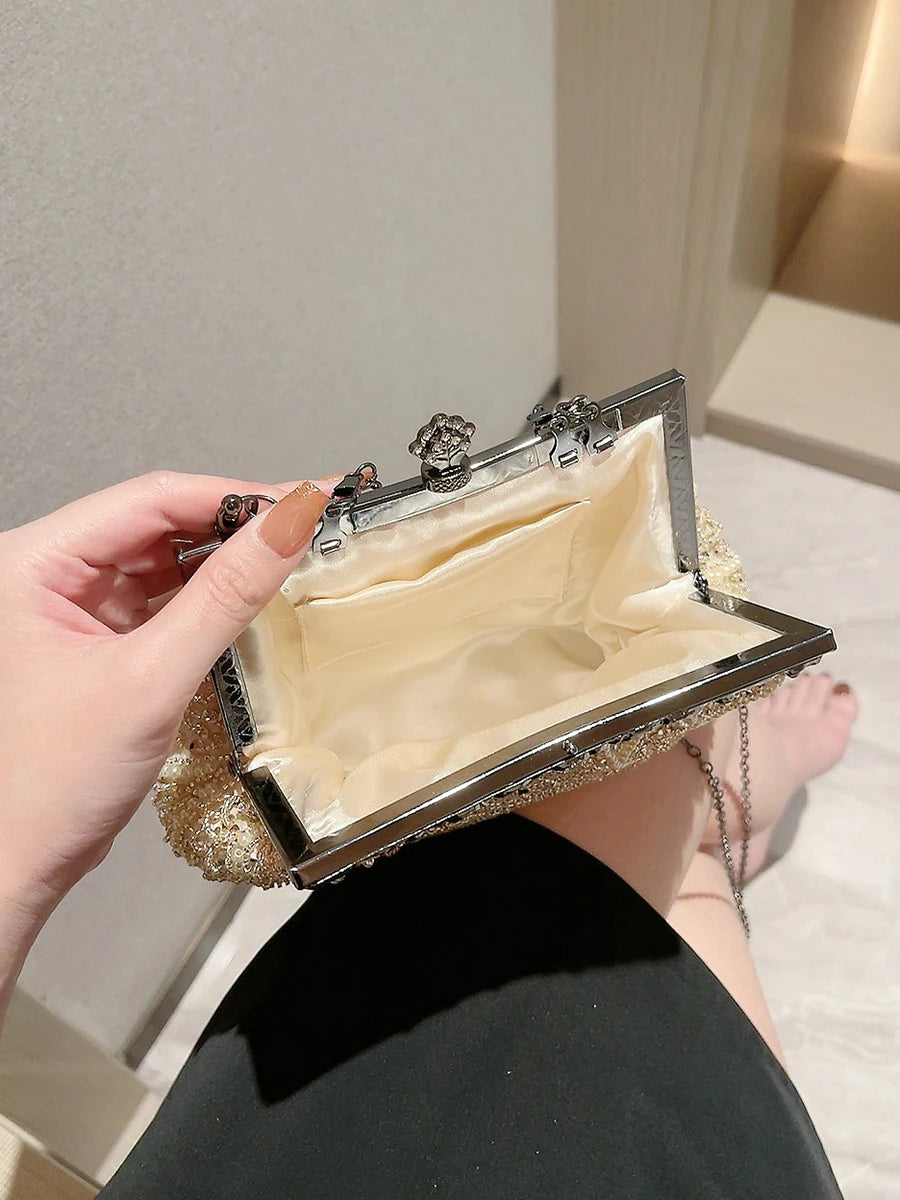 Pearl & Diamond Kiss Lock Clutch Bag Floral Handle Party Bag Metal Chain Cocktail Crossbody Bag