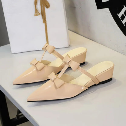 French Wedge Heel Pointed Head Sandals Versatile Bow Medium Heel Half Slippers Women Natalia Home Fashion    Natalia Home Fashion
