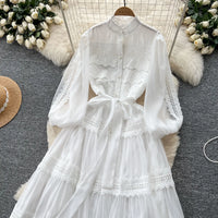 Elegant Hollow Out Organza Long Maxi Dresses Shirt Women  Layer Ruffle Full Sleeve Pearl Evening Party Dress