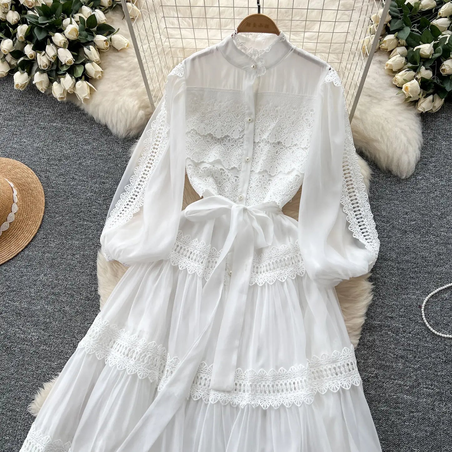 Elegant Hollow Out Organza Long Maxi Dresses Shirt Women  Layer Ruffle Full Sleeve Pearl Evening Party Dress