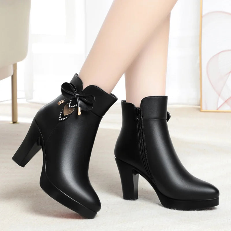 Women's Pointed Toe Waterproof Platform Ankle Boots Thick-heeled Anti-slip Boots - Natalia Home Fashion