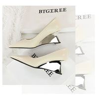 Spring Fashion Pointed Toe Pumps Woman Metal Decoration Wedges Heels Elegant Ladies Shoes