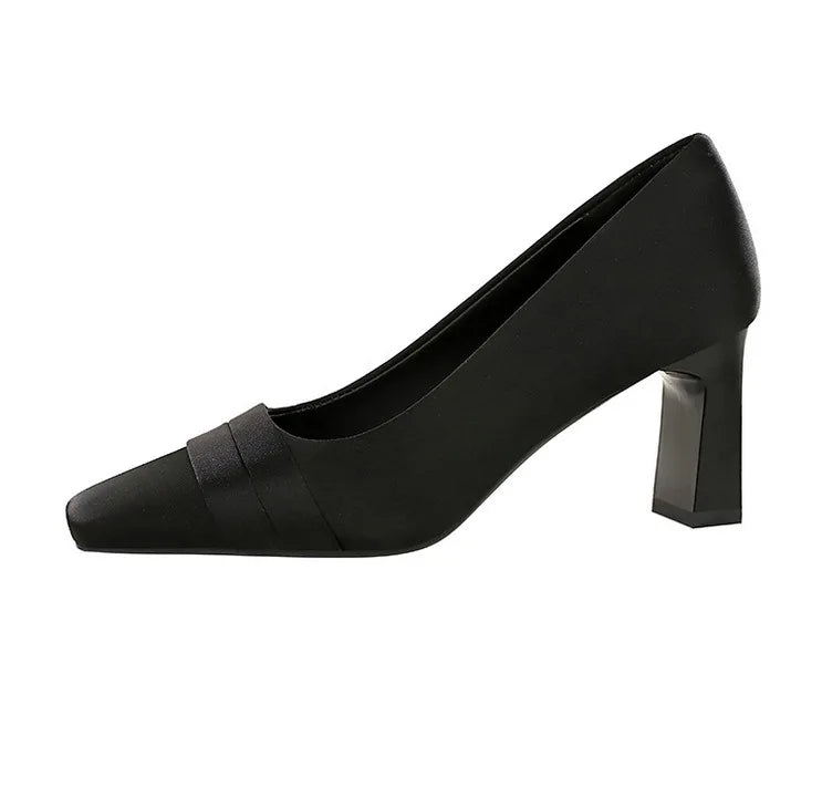 Elegant Satin High Heels Square Toe Slip-On Chunky Heel Comfortable Women's Shoes for Party Fashion Footwear Summer Autumn