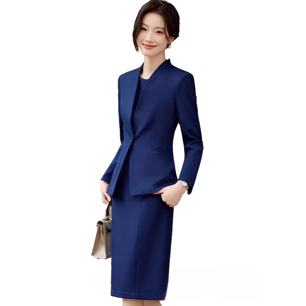 Elegant Professional Suit Dress Two-Piece Set Workwear Beauty Salon Uniform Long Sleeve Formal Outfit Polyester Fiber