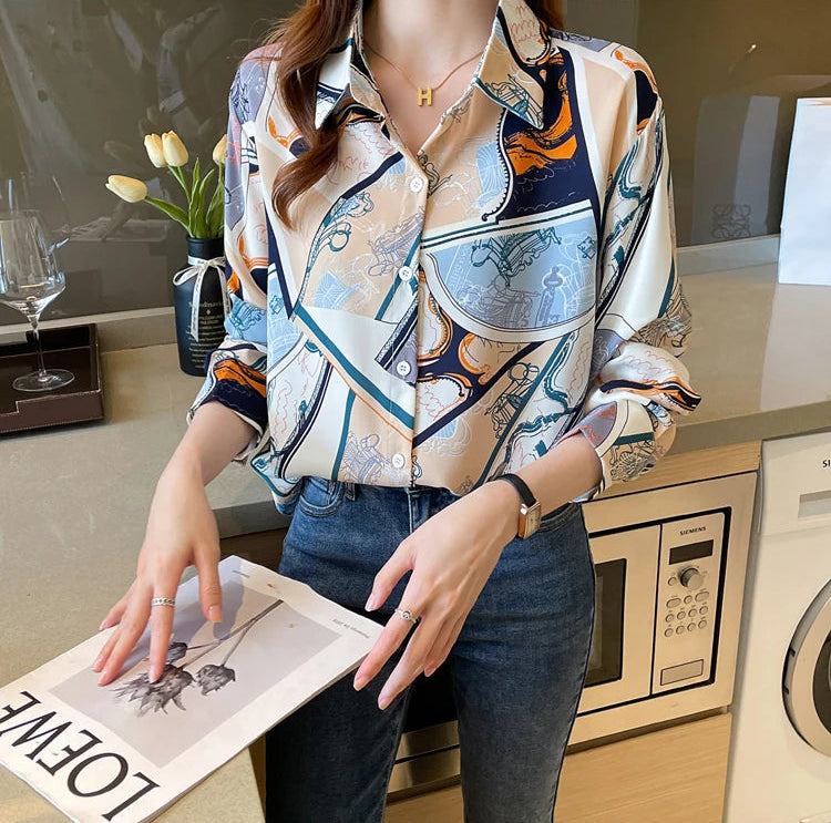 Chiffon Allover Printed Women's Blouses High Quality Long Sleeve Single Breasted Spring Summer Casual Lady Blouses