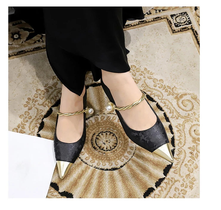 Metal Decoration Buckle Strap Women's Low Thin Heels Pumps Pointed Toe Wedding Party Shoes